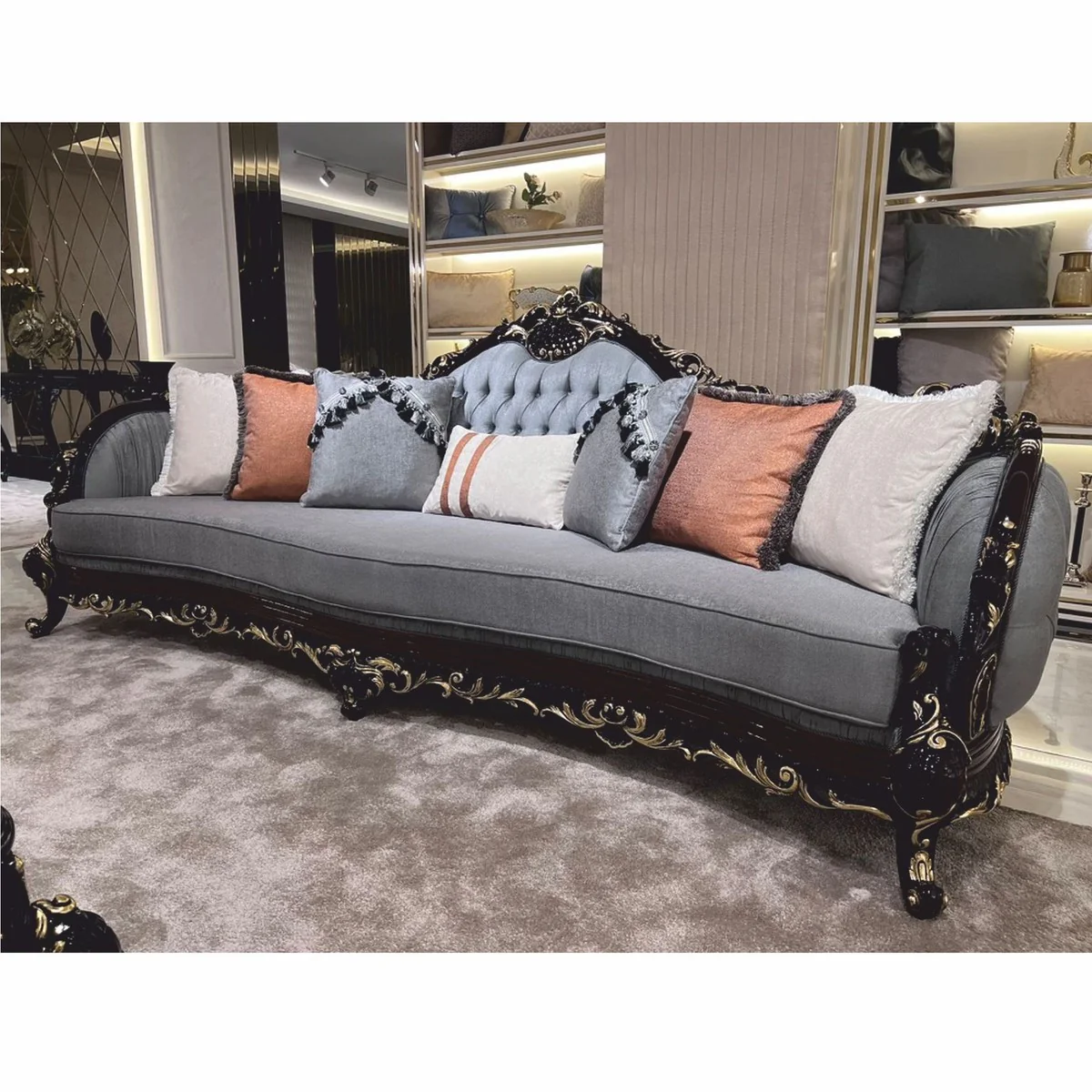 Luxury Baroque Living Room Sofa Light Blue / Dark Brown / Gold 295 cm - Baroque Furniture