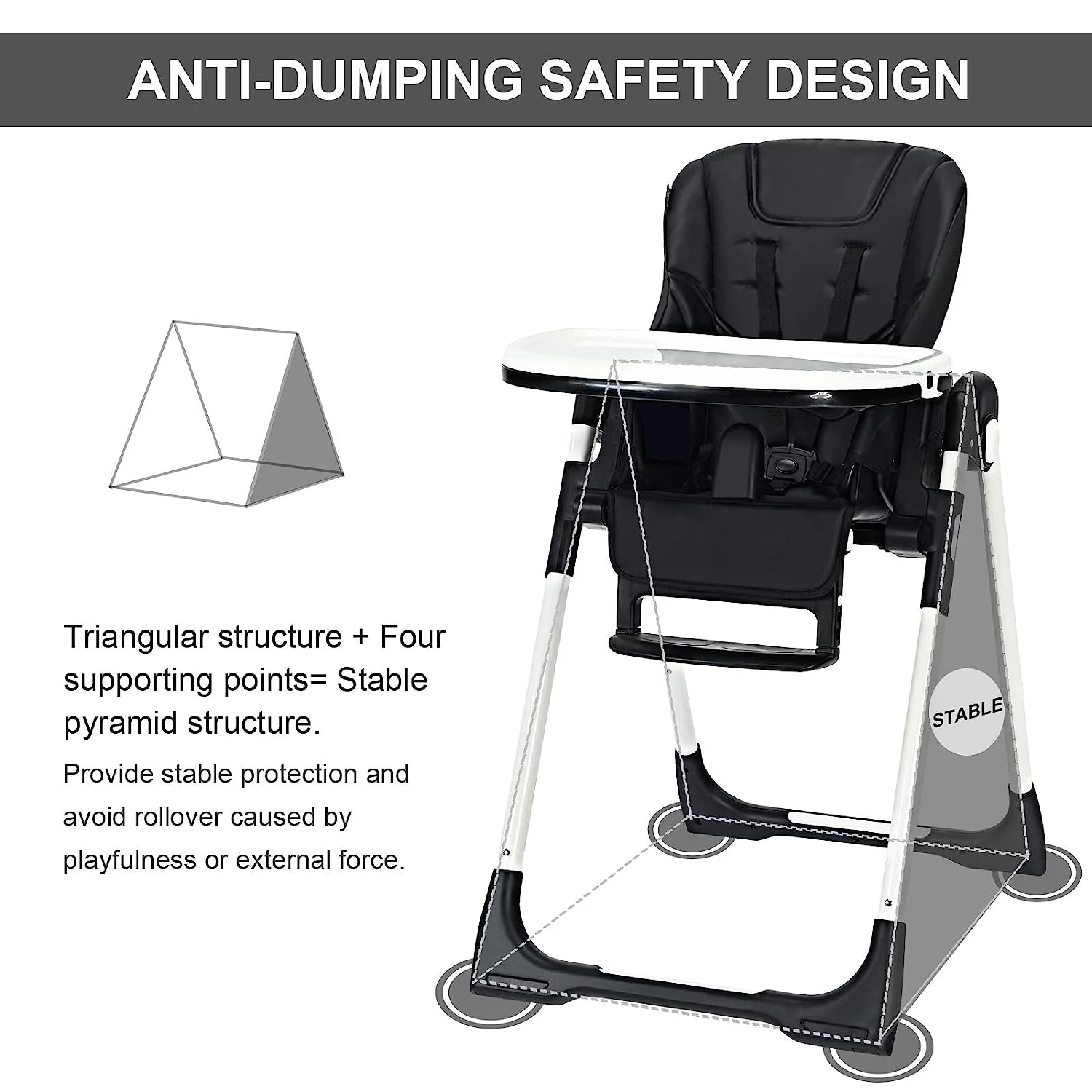 Hochstuhl für Babys und Kleinkinder, faltbarer Hochstuhl mit mehrfach verstellbarer Rückenlehne, Fußstütze und Sitzhöhe, abnehmbarem Tablett, abnehmbarem PU-Lederkissen, integrierten Hinterrädern (schwarz)