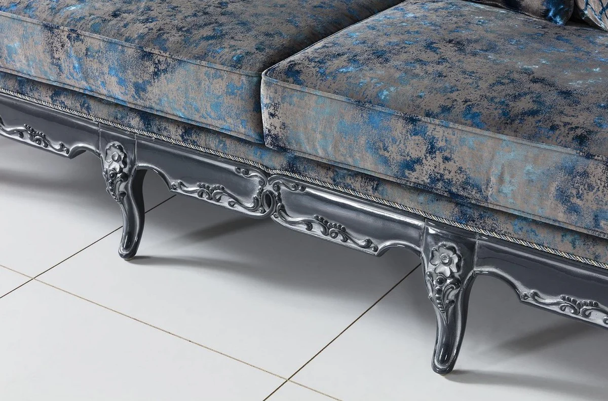 Luxury Baroque Sofa Gray / Blue / Gray 224 x 103 x H. 110 cm - Elegant living room sofa with elegant pattern and decorative pillows - Baroque style living room furniture