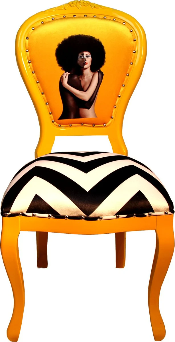 Baroque Luxury Dining Room Chair Black / White Stripes / Yellow - Designer Chair - Limited Edition