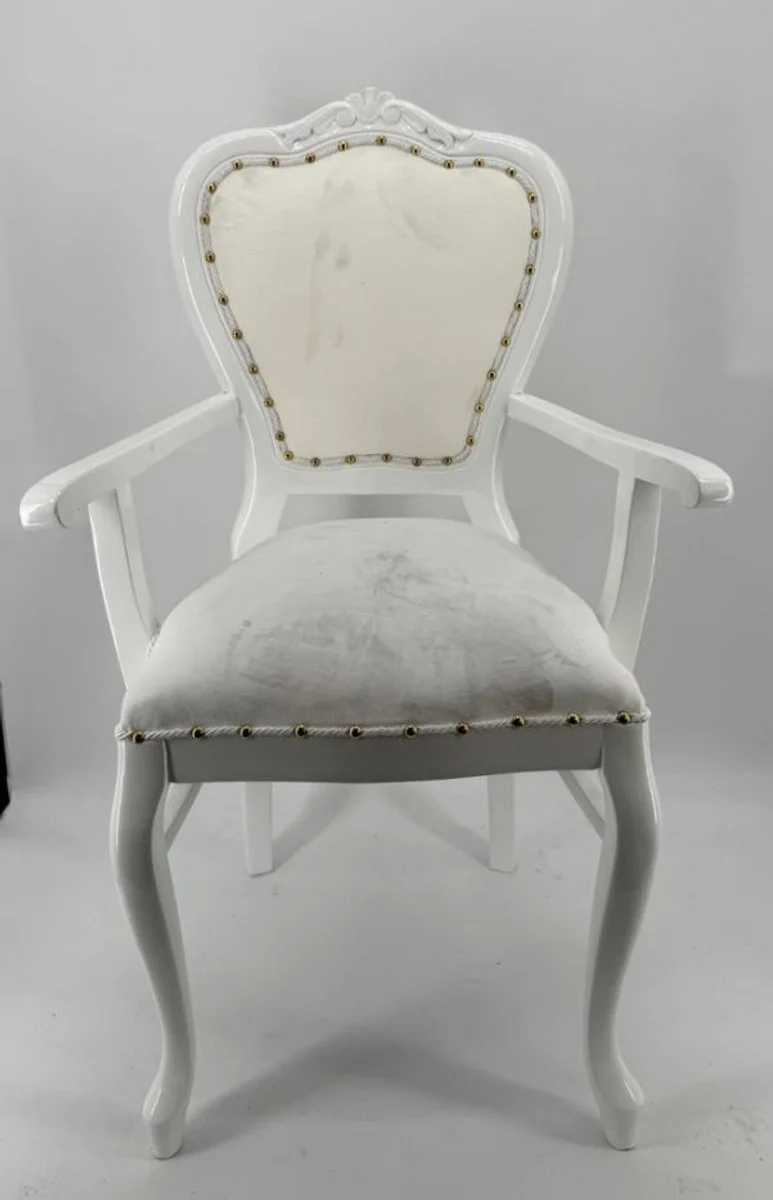 Luxus Barock Esszimmer Stuhl mit Armlehnen Grau / Creme - Barock Möbel