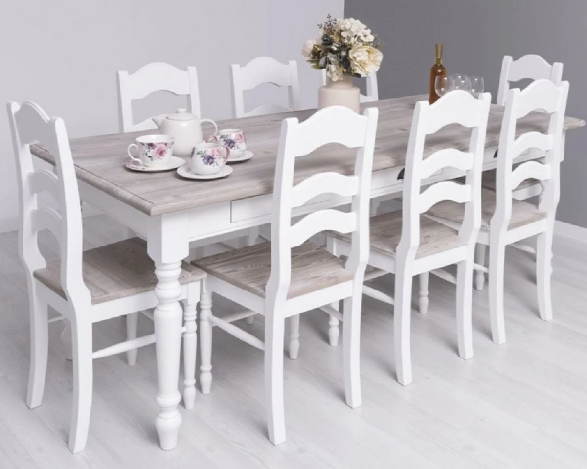 Country house style dining chairs set of 8 white / natural colors 44 x 44 x H. 102 cm - Solid wood dining room chairs in country house style - Solid wood dining room furniture - Country house style dining room furniture