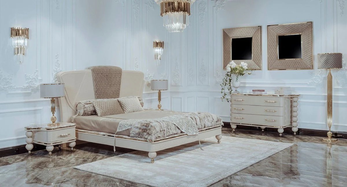 Luxury Art Deco double bed beige / gray / gold - noble solid wood bed with headboard - Art Deco bedroom & hotel furniture - luxury collection