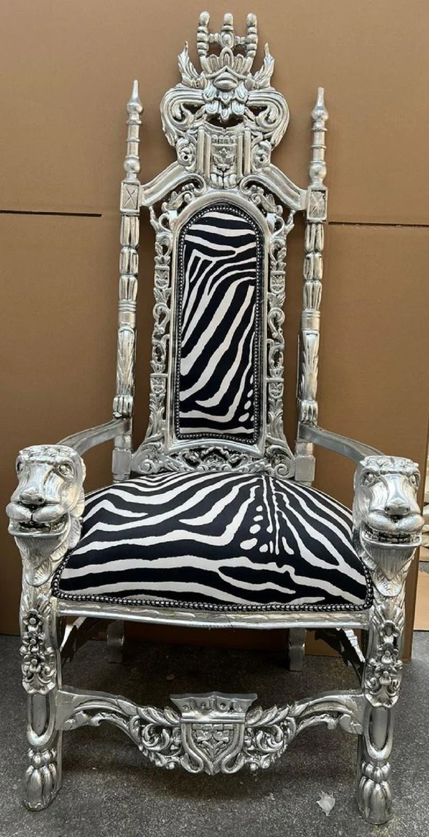 Barock Thron Sessel Schwarz / Weiß / Silber - Prunkvoller Barockstil Königssessel mit edlem Samtstoff im Zebra Design - Barockstil Hochzeitssessel - Barock Riesensessel - Barock Möbel