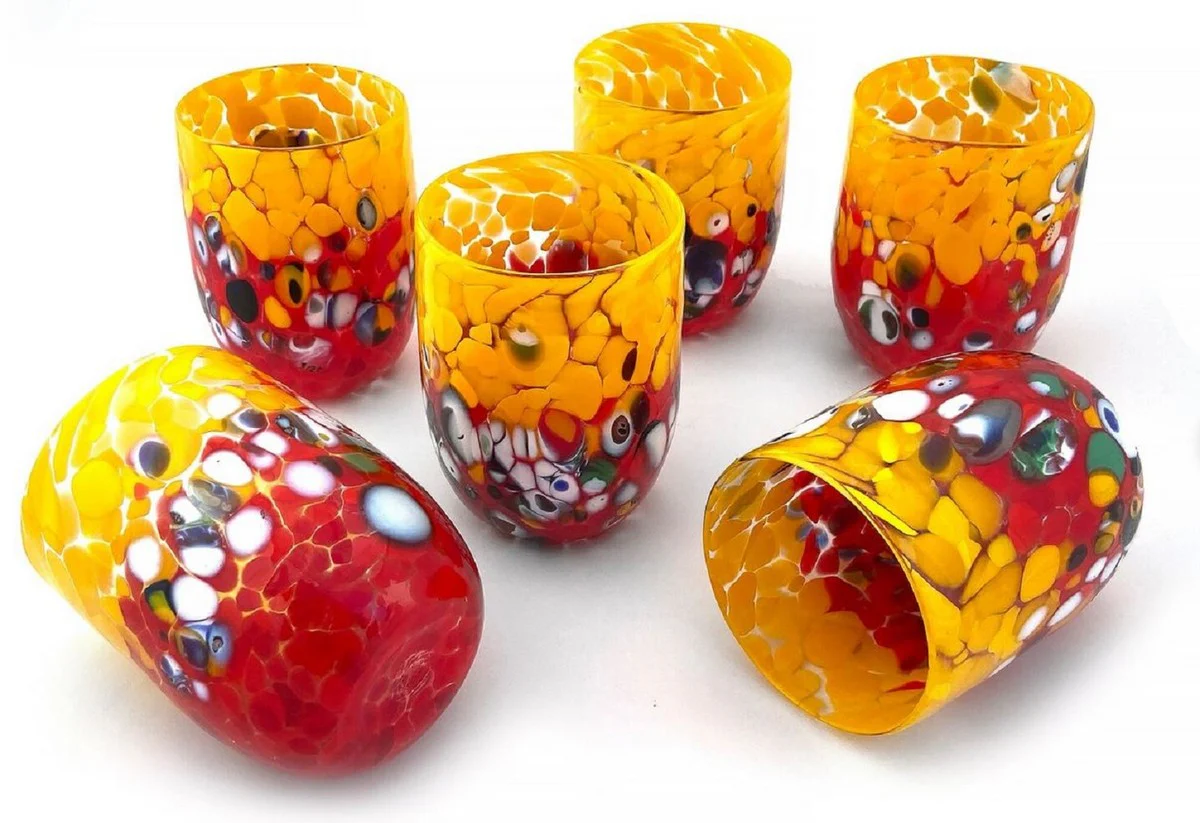 Luxury Murano crystal glass water glass set of 6 yellow / red Ø 8 x H. 10.5 cm - Made in Italy