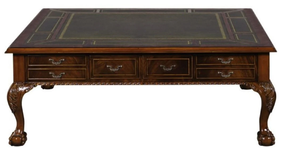 Luxury baroque living room table dark brown / green 130 x 130 x H. 49 cm - coffee table with 24 drawers