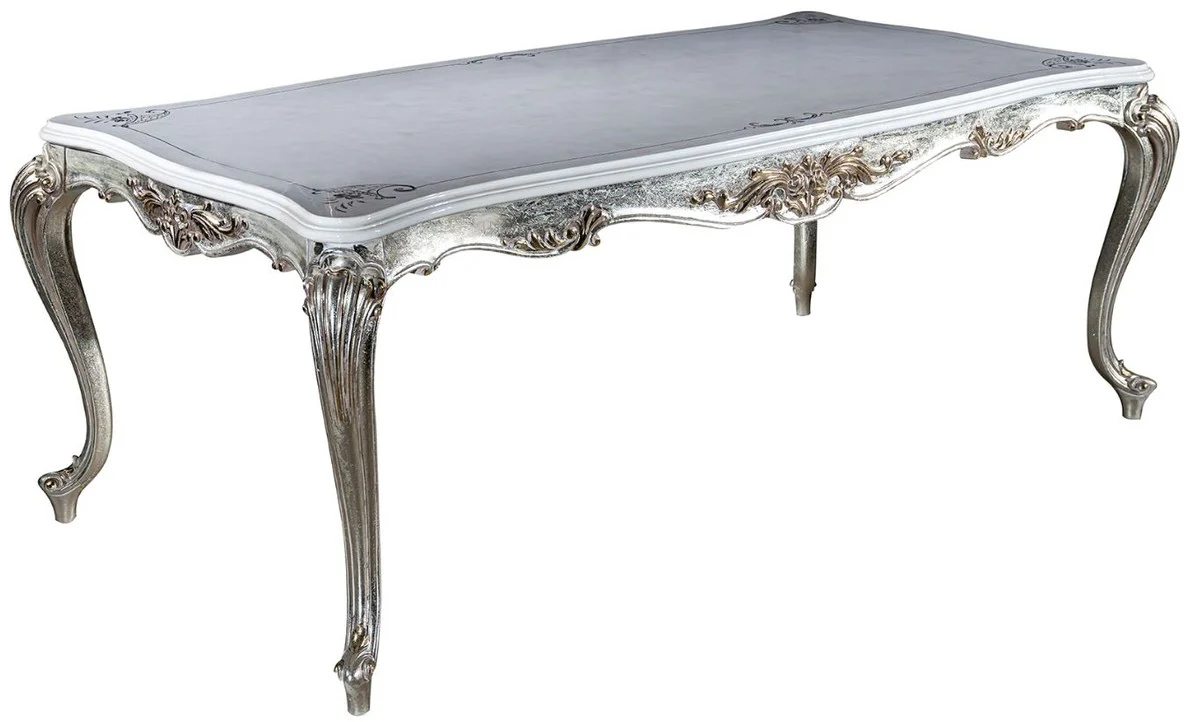 Luxury baroque dining table white / silver / gold 207 x 112 x H. 82 cm - solid wood dining room table - noble baroque dining room furniture