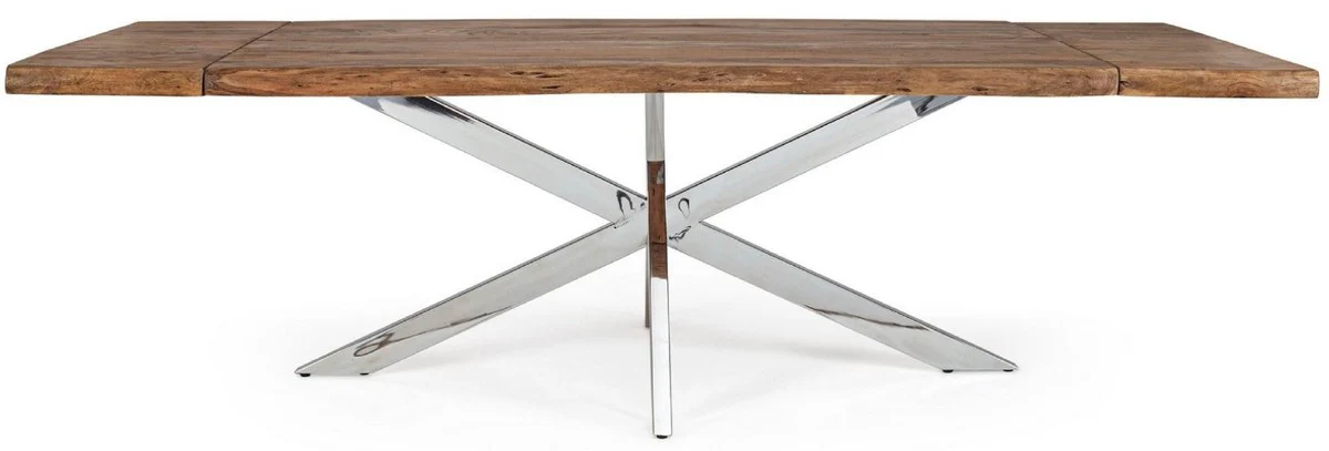 Luxury dining table brown / silver 180-260 x 90 x H. 77 cm - Extendable kitchen table with solid wood table top and stainless steel legs - Dining room furniture - Kitchen furniture - Luxury furniture