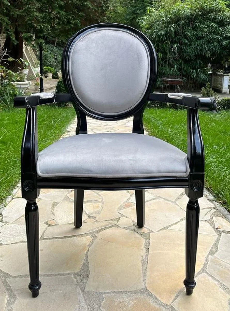 Luxury baroque dining room chair gray / black - handmade antique style chair with armrests and elegant velvet fabric - dining room furniture in baroque style