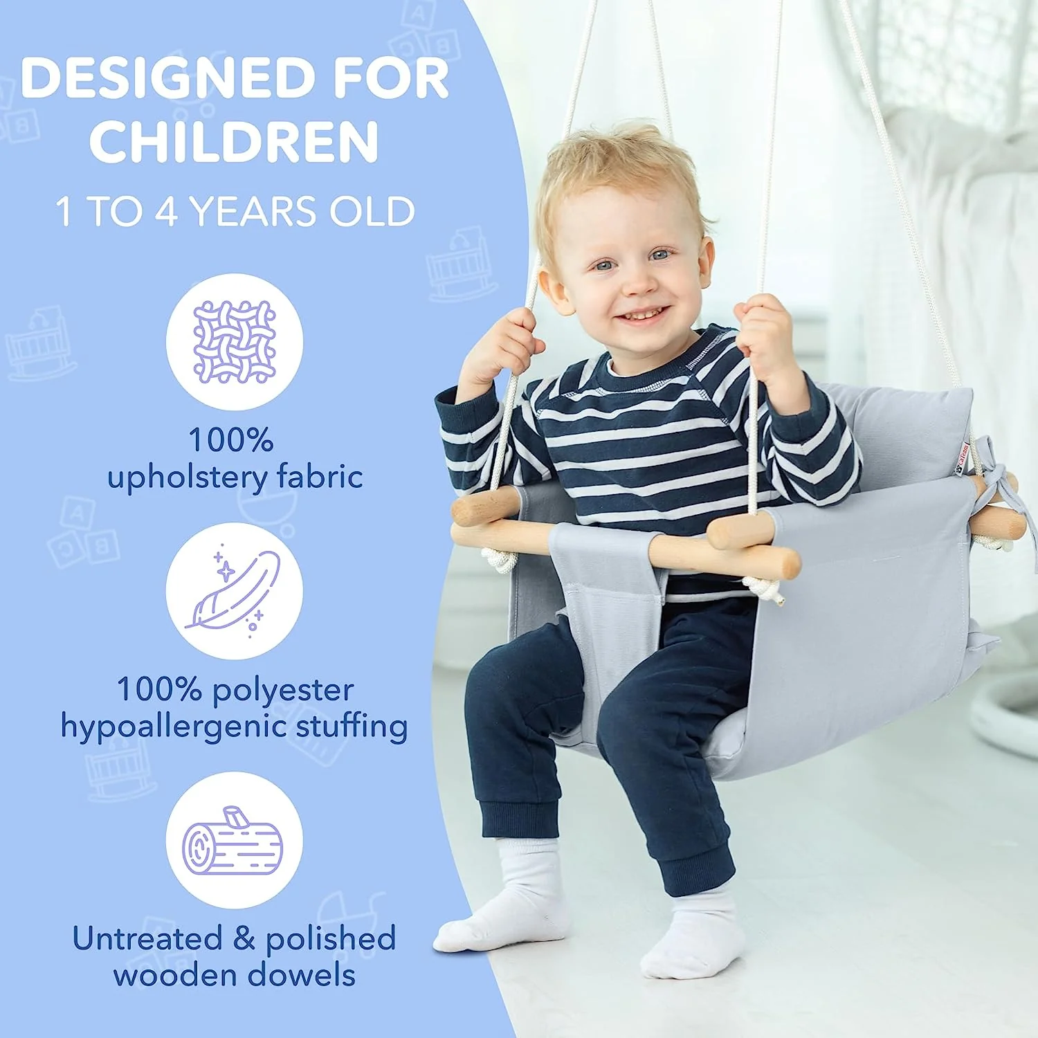 Babyschaukel aus Segeltuch, hängender Schaukelsitz aus Holz mit Sicherheitsgurt, langlebiger Baby-Hängemattenstuhl, Außen- und Innenschaukel für Kinder, Montagezubehör im Lieferumfang enthalten, Elfenbeinfarben