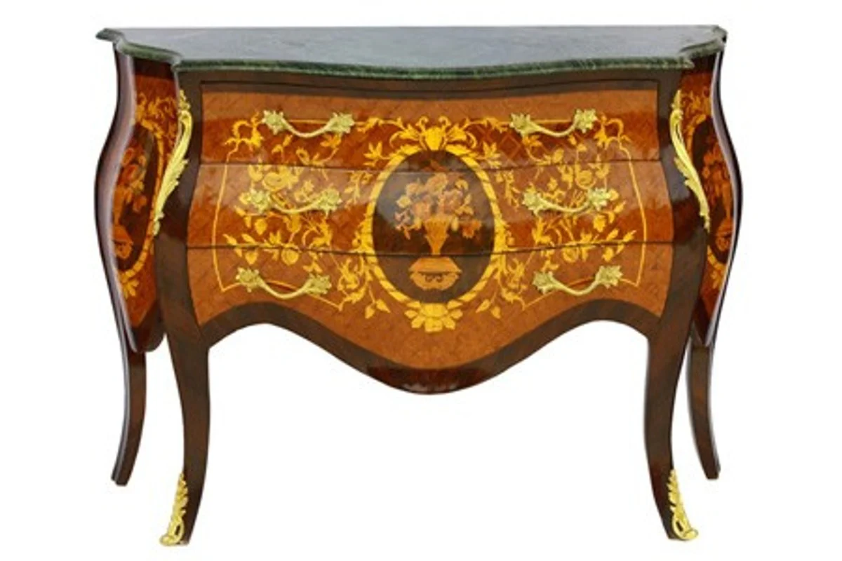 Barock Kommode mit Marmorplatte Mahagonie Braun mit goldenen Metallapplikationen 121 cm - Hotel Collection