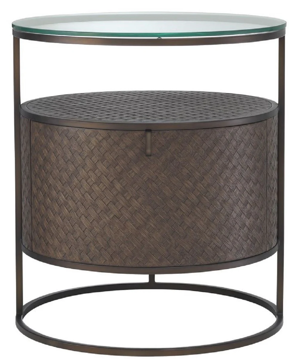 Luxury bedside table bronze Ø 50 x H. 56 cm - Round side table with drawer and glass top - Luxury bedroom furniture