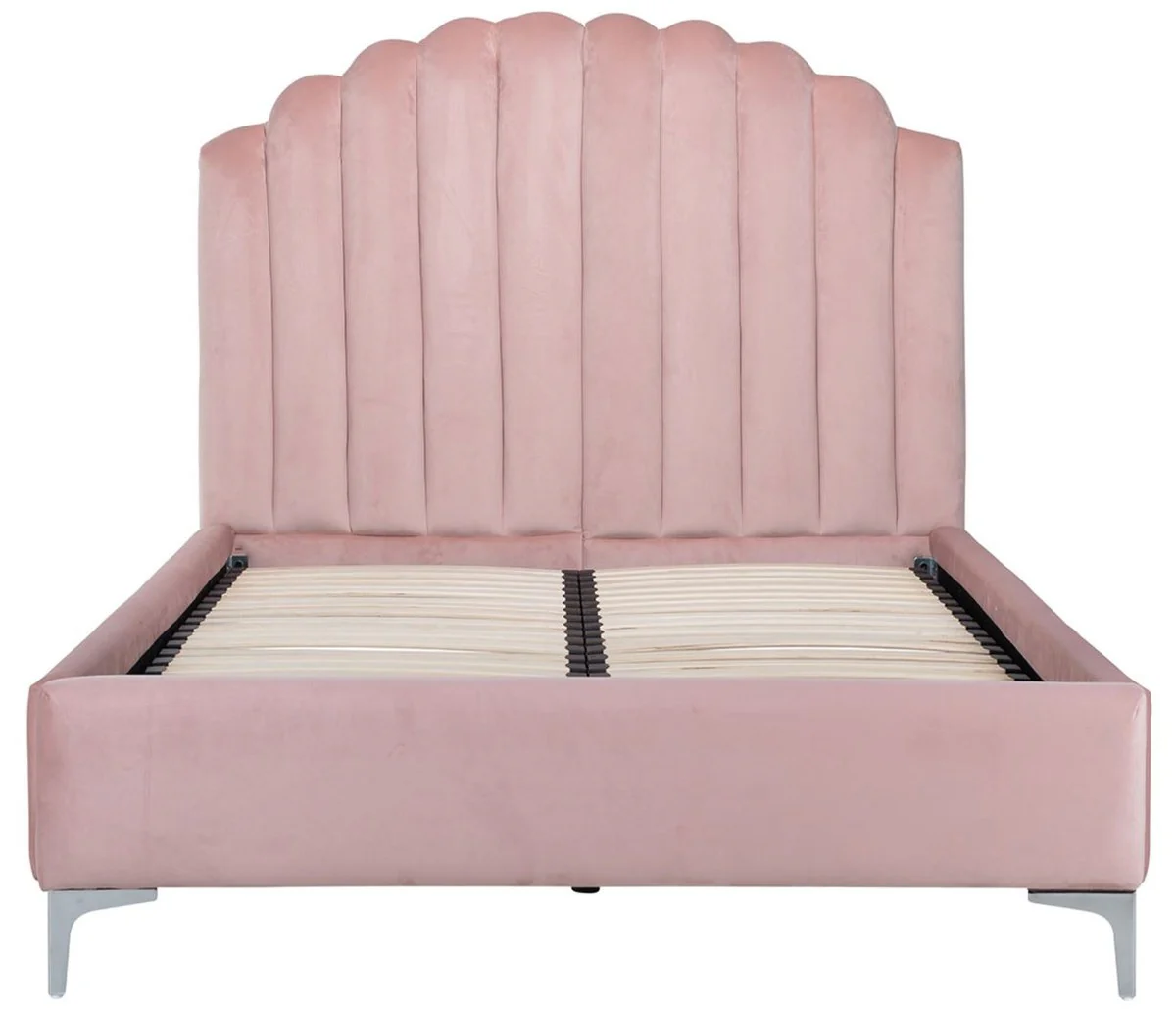 Luxury Art Deco double bed pink / silver 136 x 215 x H. 131 cm - solid wood bed with elegant velvet fabric - luxury bedroom furniture - hotel furniture - Art Deco furniture