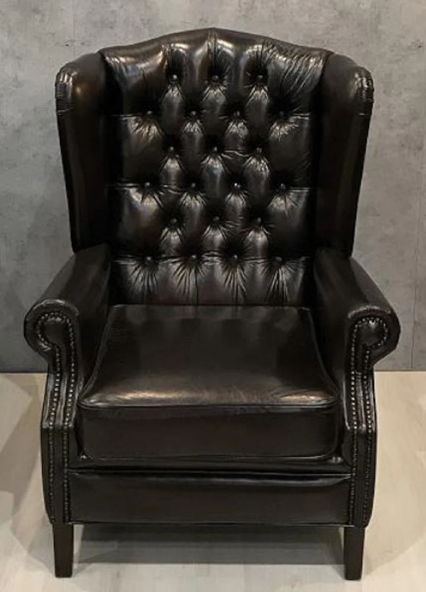 Luxury Chesterfield Leather Wing Chair Black - Chesterfield Real Leather Living Room Armchair - Living Room Furniture - Chesterfield Furniture - Real Leather Furniture - Luxury Furniture - Luxury Furnishings