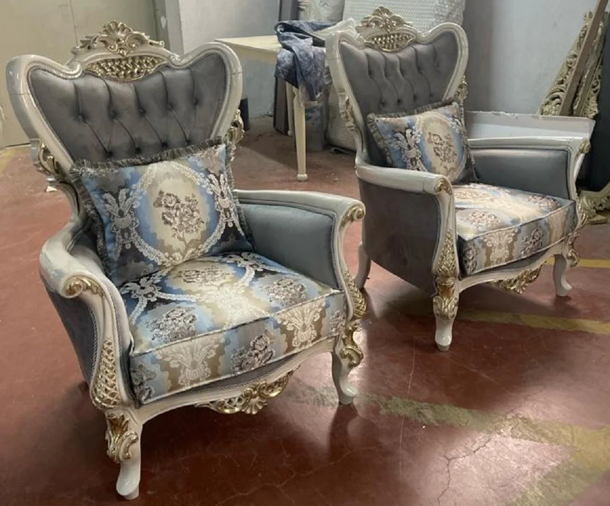 Luxury Baroque Living Room Set Gray / Multicolored / White / Gold - 2 Baroque Sofas & 2 Baroque Armchairs & 1 Baroque Coffee Table - Handmade Baroque Living Room Furniture - Noble & Magnificent