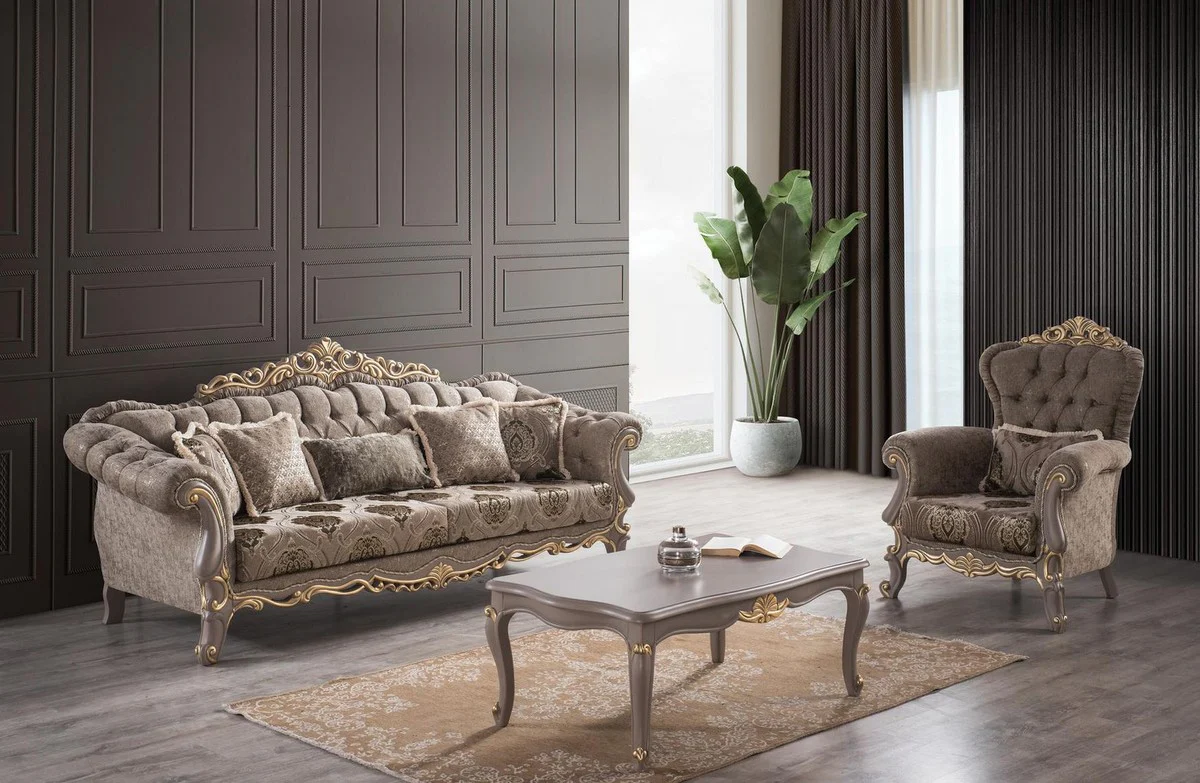 Luxury Baroque Living Room Set Brown / Gray / Gold - 2 Sofas & 2 Armchairs & 1 Coffee Table - Magnificent Baroque Living Room Furniture
