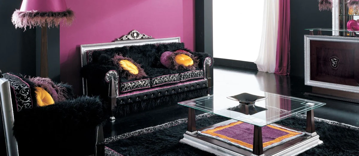 Luxury Baroque Sofa Dark Brown / Black / Silver / Purple 215 x 80 x H. 120 cm - Magnificent Living Room Sofa - First Class Quality - Made in Italy