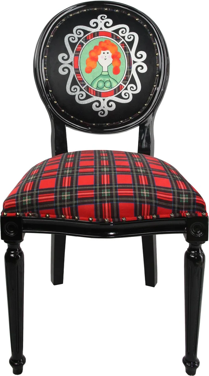 Baroque Luxury Dining Room Chair without Armrests Scotland Checked / Black Woman - Designer Chair - Limited Edition