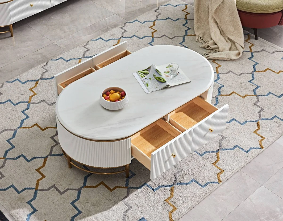 Luxury coffee table white / brass / gold 130 x 70 x H. 42 cm - Modern living room table with 4 drawers - Modern living room furniture