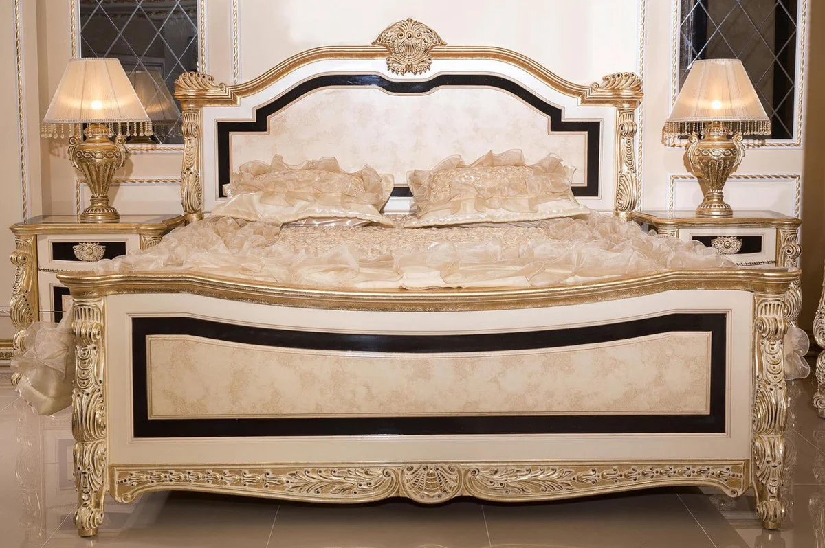 Luxury Baroque bedroom set white / beige / black / gold - 1 Baroque double bed with headboard & 2 Baroque nightstands - Luxury bedroom furniture in Baroque style - Baroque interior