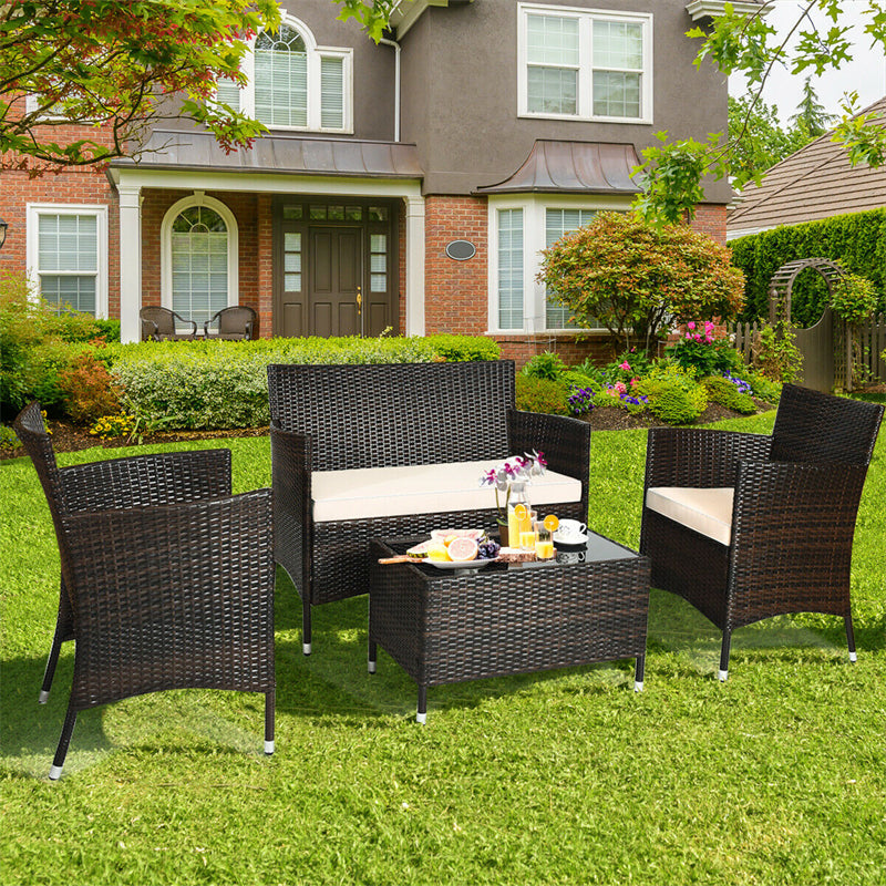 4 Pcs Outdoor Rattan Patio Conversation Set Wicker Furniture Set with Coffee Table and Cushion Sofas