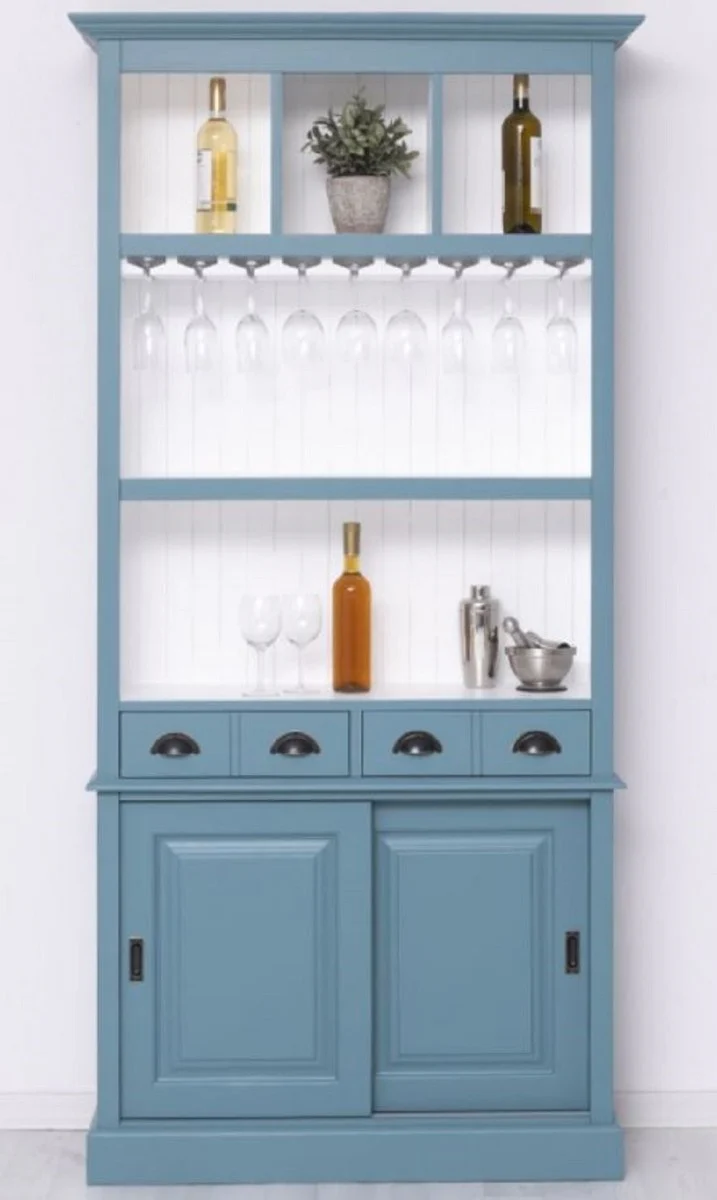 Country house style solid wood bar cabinet blue / white 103 x 36 x H. 210 cm - Solid wood wine cabinet in country house style - Solid wood bar furniture - Country house style bar furniture
