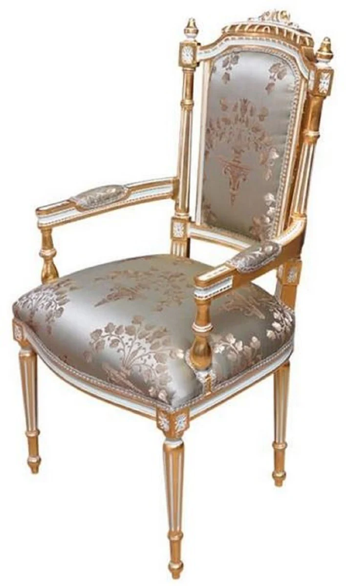Baroque dining room chair silver / white / gold - handmade antique style chair with armrests - dining room furniture in baroque style
