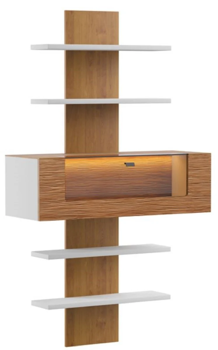 Wall shelf brown / white 110.6 x 40.4 x H. 193.4 cm - Modern illuminated solid wood wall shelf - Modern living room furniture