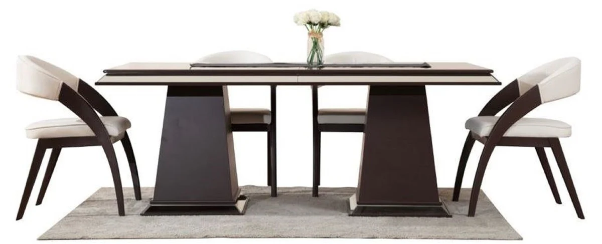 Luxury Art Deco Dining Room Set Cream White / Dark Brown - 1 Mirrored Luxury Art Deco Dining Table & 6 Luxury Art Deco Dining Room Chairs - Luxury Art Deco Dining Room Furniture