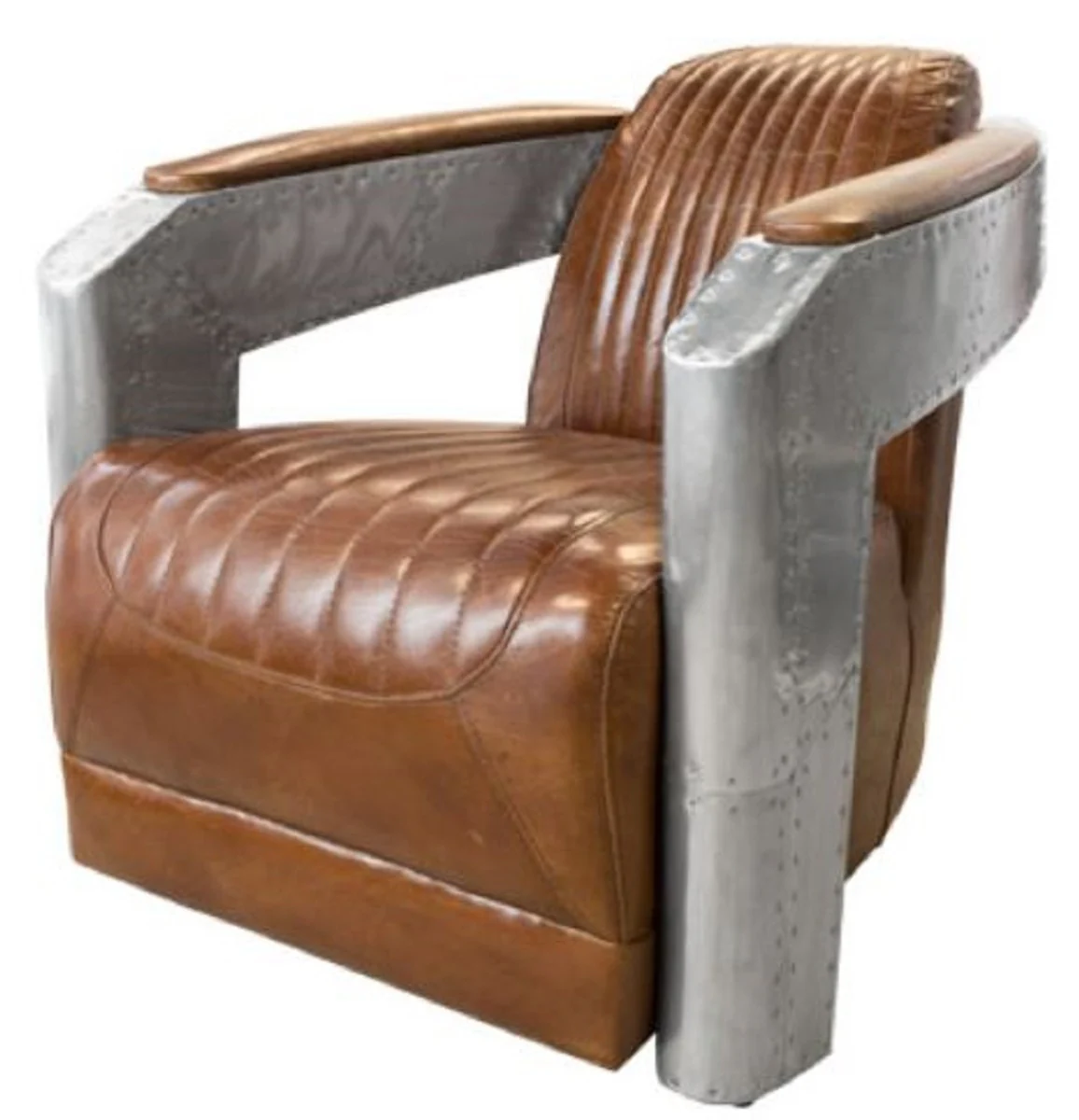 Art Deco aluminum genuine leather armchair brown / silver 74.5 x 94 x H. 78 cm - club armchair - lounge armchair - airplane aviator furniture