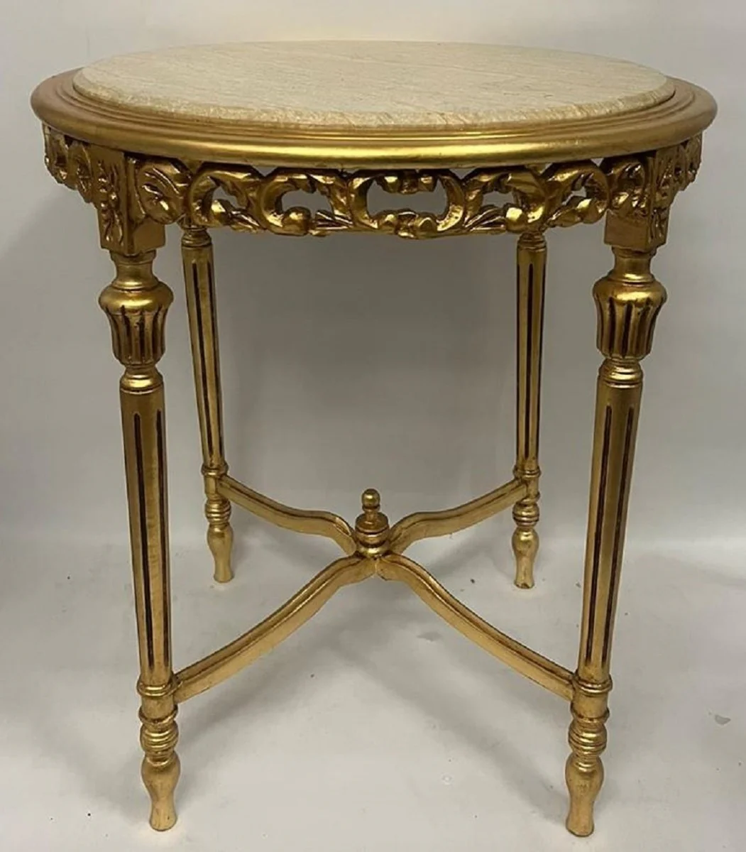 Baroque side table gold / beige - 60 x H 70 cm round antique style solid wood table with marble top - living room furniture in baroque style - antique style furniture - baroque furniture