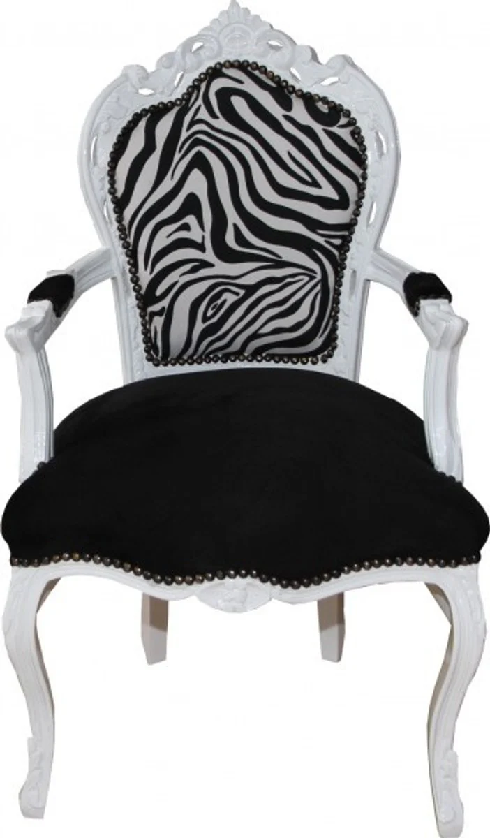 Baroque dining room chair black / zebra / white with armrests - Limited Edition