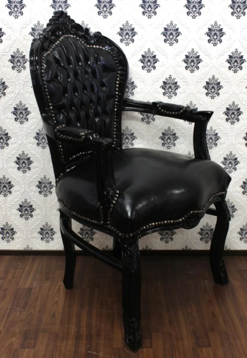 Baroque dining room chair with armrests black leather look / black - furniture