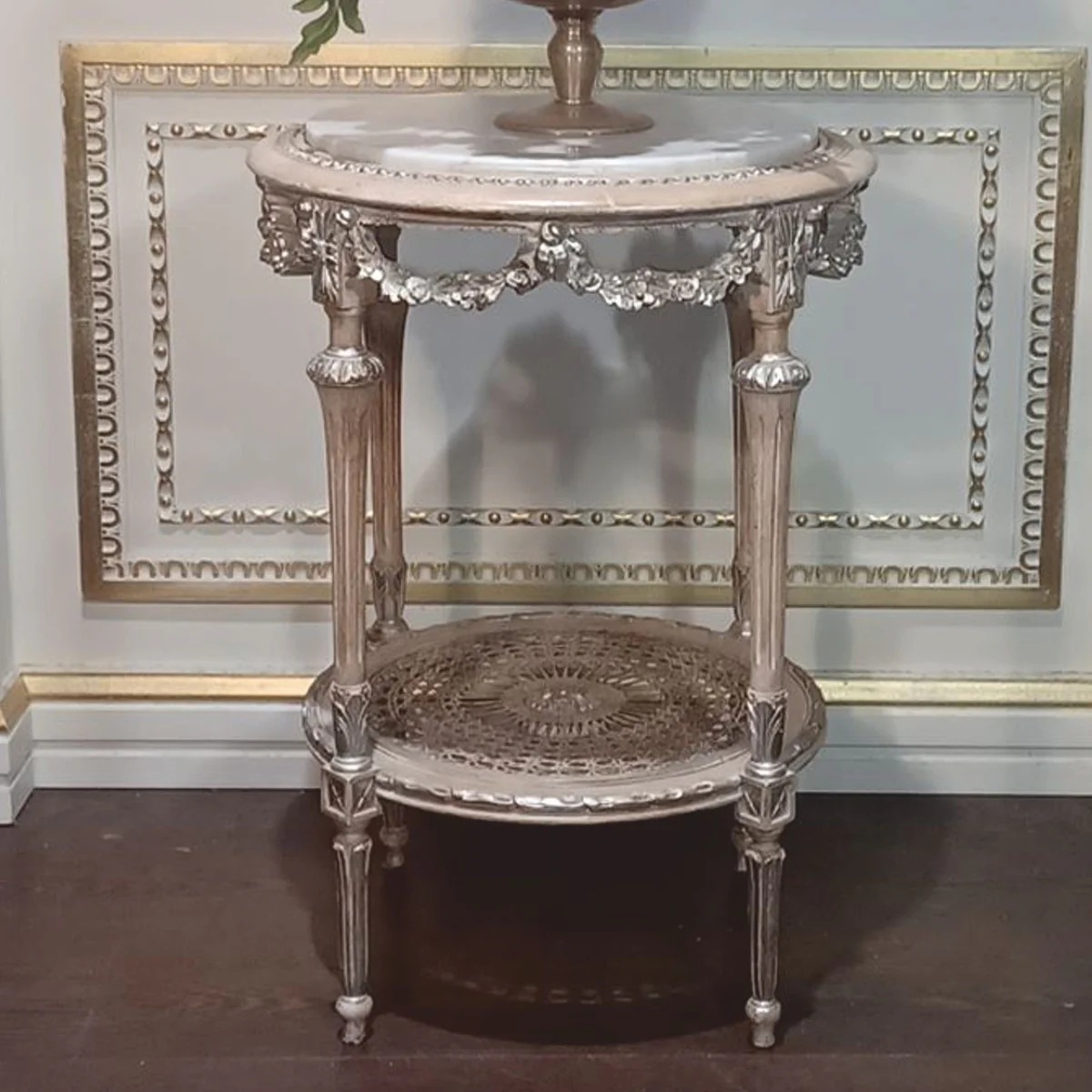 Luxury Baroque side table with marble top silver / white - Made in Italy