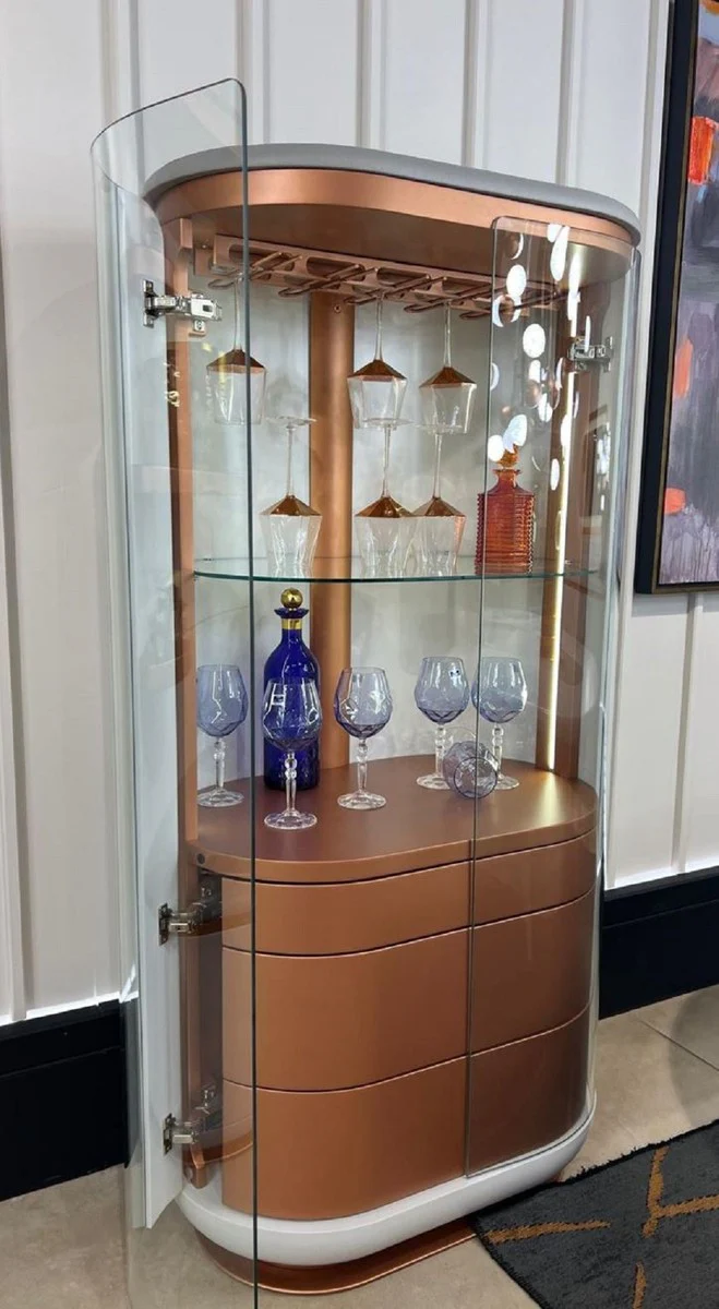 Luxury bar cabinet white / gray / copper 80 x 50 x H. 165 cm - Illuminated solid wood wine cabinet with 2 doors - Living room furniture - Bar furniture - Hotel furniture - Luxury collection