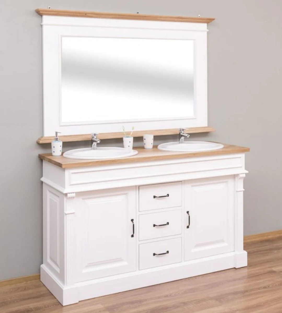 Country house style bathroom set white / natural colors - 1 double washbasin & 1 wall mirror - solid wood bathroom furniture in country house style