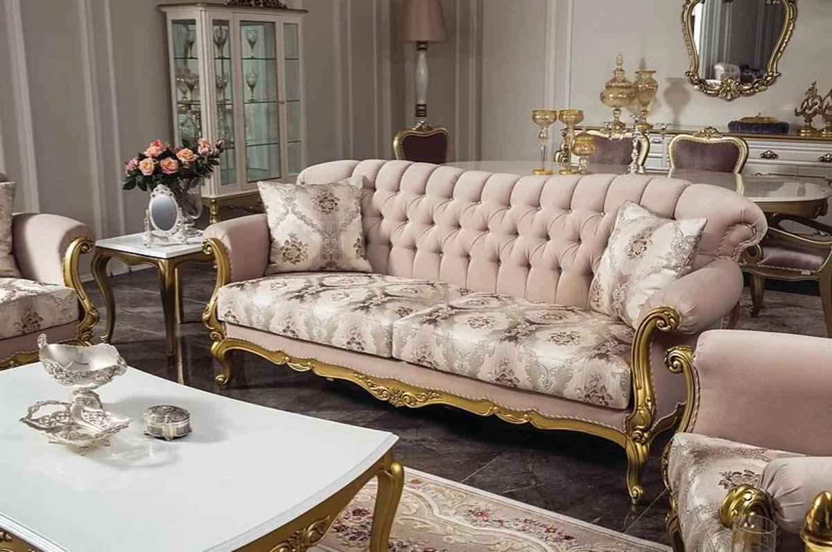 Luxury baroque living room sofa pink / gold 220 x 82 x H. 95 cm - solid wood sofa with elegant pattern and decorative pillows - living room furniture in baroque style
