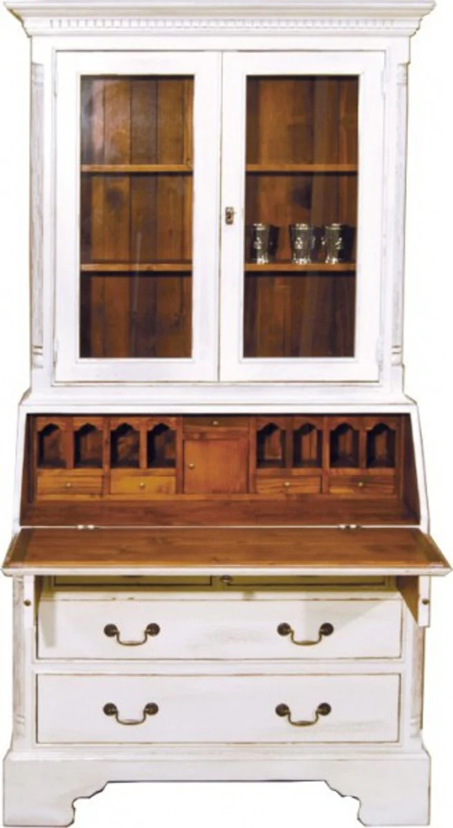 Vintage Secretary Cabinet Antique Style White / Wood Colors H 210 x W 110 cm - Showcase Shelf Cabinet Shabby Chic Hotel Furniture