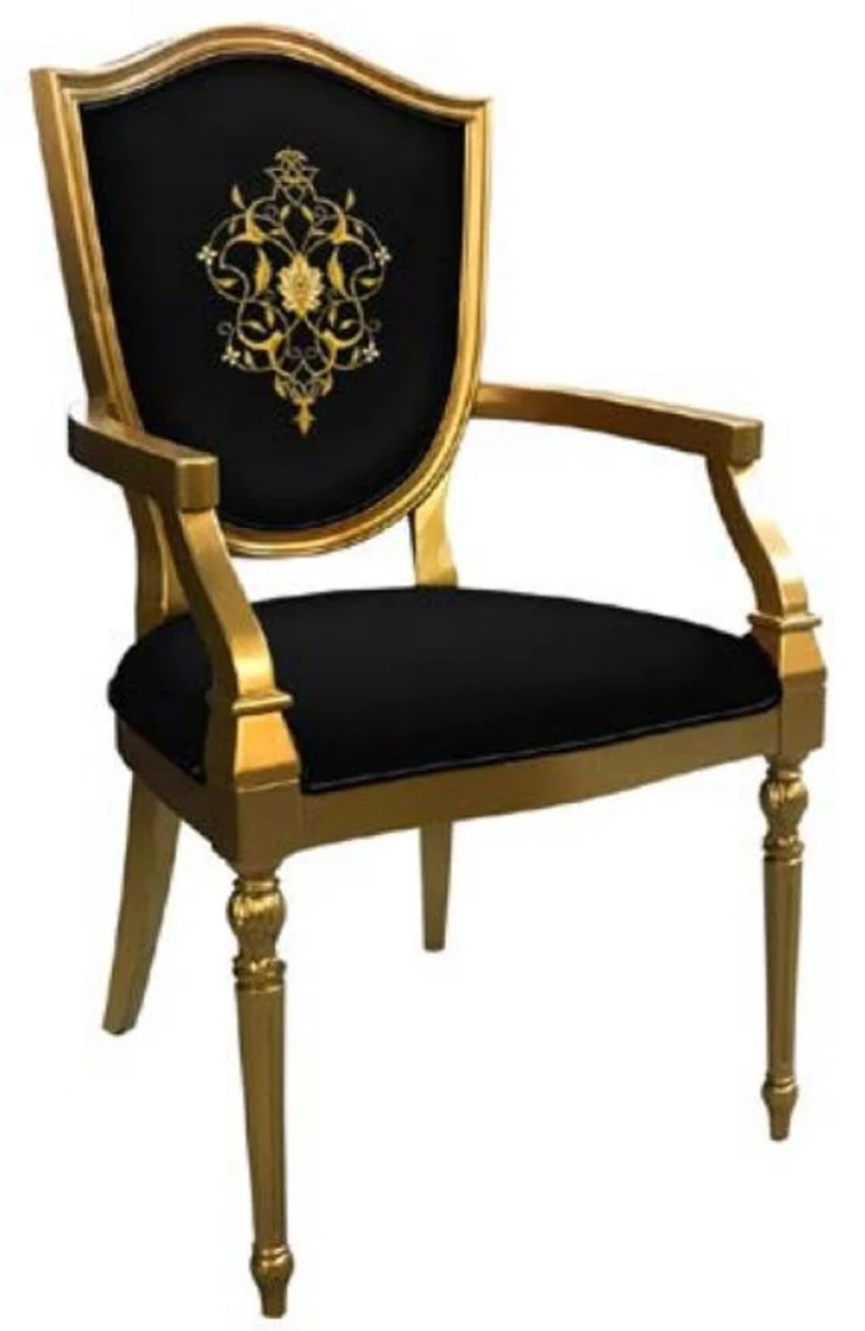 Art Deco dining room chair black / gold - solid wood chair with armrests and elegant pattern - Art Deco dining room furniture
