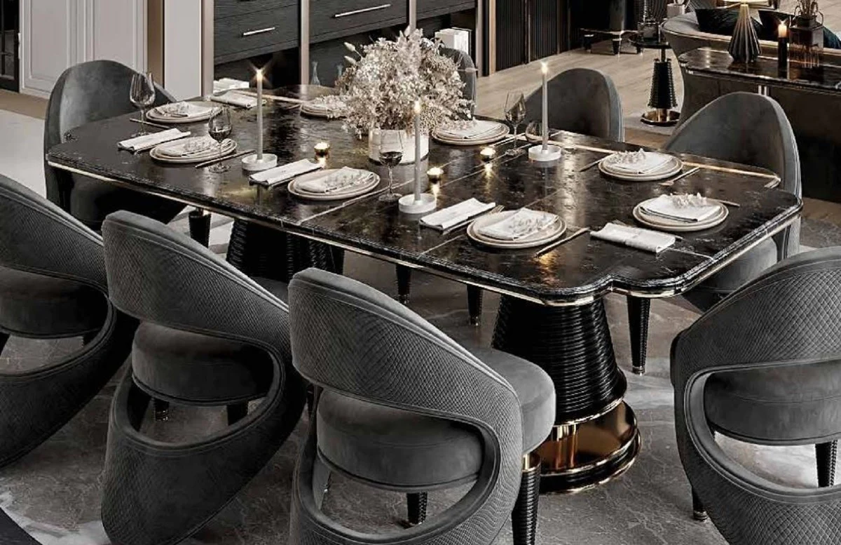 Luxury dining table black / gold 250 x 112 x H. 77 cm - Dining room table with artificial marble table top - Dining room furniture - Luxury furniture - Luxury furnishings