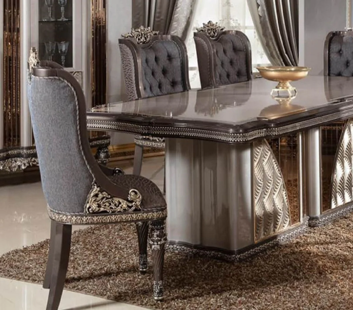 Luxury Baroque Dining Room Chair Set of 6 Blue / Gray / Dark Brown / Gold - Baroque Style Kitchen Chairs with Pattern - Luxury Dining Room Furniture in Baroque Style - Baroque Dining Room Furniture