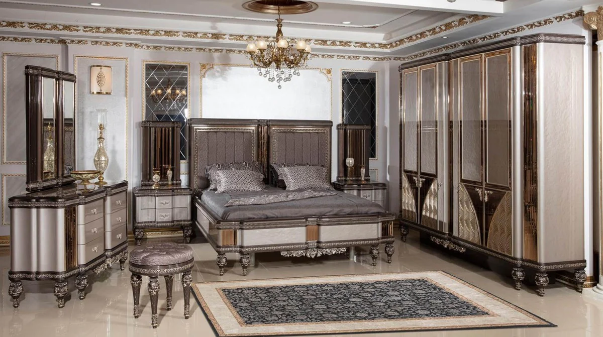 Luxury Baroque Double Bed Gray / Dark Brown / Gold - Magnificent Solid Wood Bed - Luxury Bedroom Furniture in Baroque Style - Baroque Bedroom Furniture