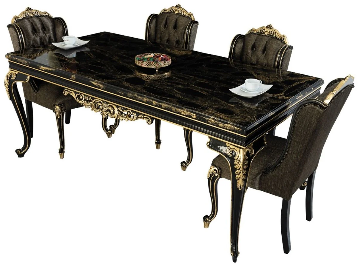 Luxury Baroque Dining Room Set Black / Gold - 1 Dining Room Table & 6 Dining Chairs - Noble Baroque Dining Room Furniture - Noble & Magnificent