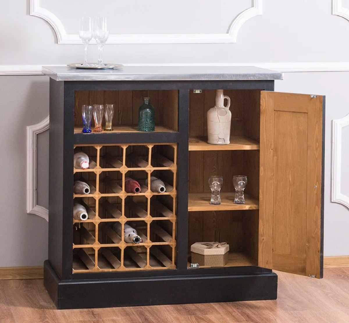 Country house style wine cabinet black / natural / silver 90 x 41 x H. 90 cm - wine cabinet with door and galvanized plate