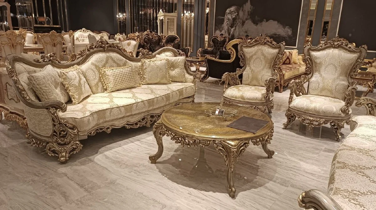 Luxury Baroque Living Room Sofa with Pattern Gold / Gray - Handmade Baroque Style Sofa - Luxury Living Room Furniture in Baroque Style - Baroque Furniture - Noble & Magnificent