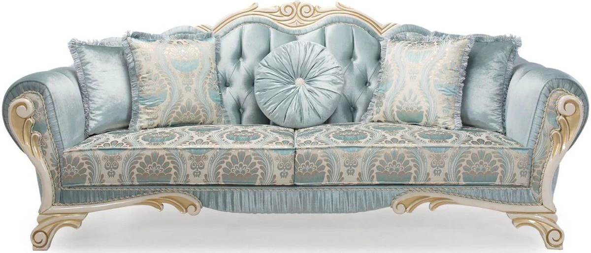 Luxury baroque sofa with decorative cushions turquoise / cream / gold 234 x 87 x H. 99 cm - living room furniture in the baroque style