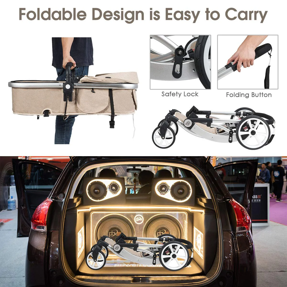 Kinderwagen, umwandelbarer Hochformat-Kinderwagen mit Stubenwagen, verstellbares Verdeck und Rückenlehne, Aufbewahrungskorb, Fußabdeckung, faltbarer Kinderwagen für Neugeborene (grau)