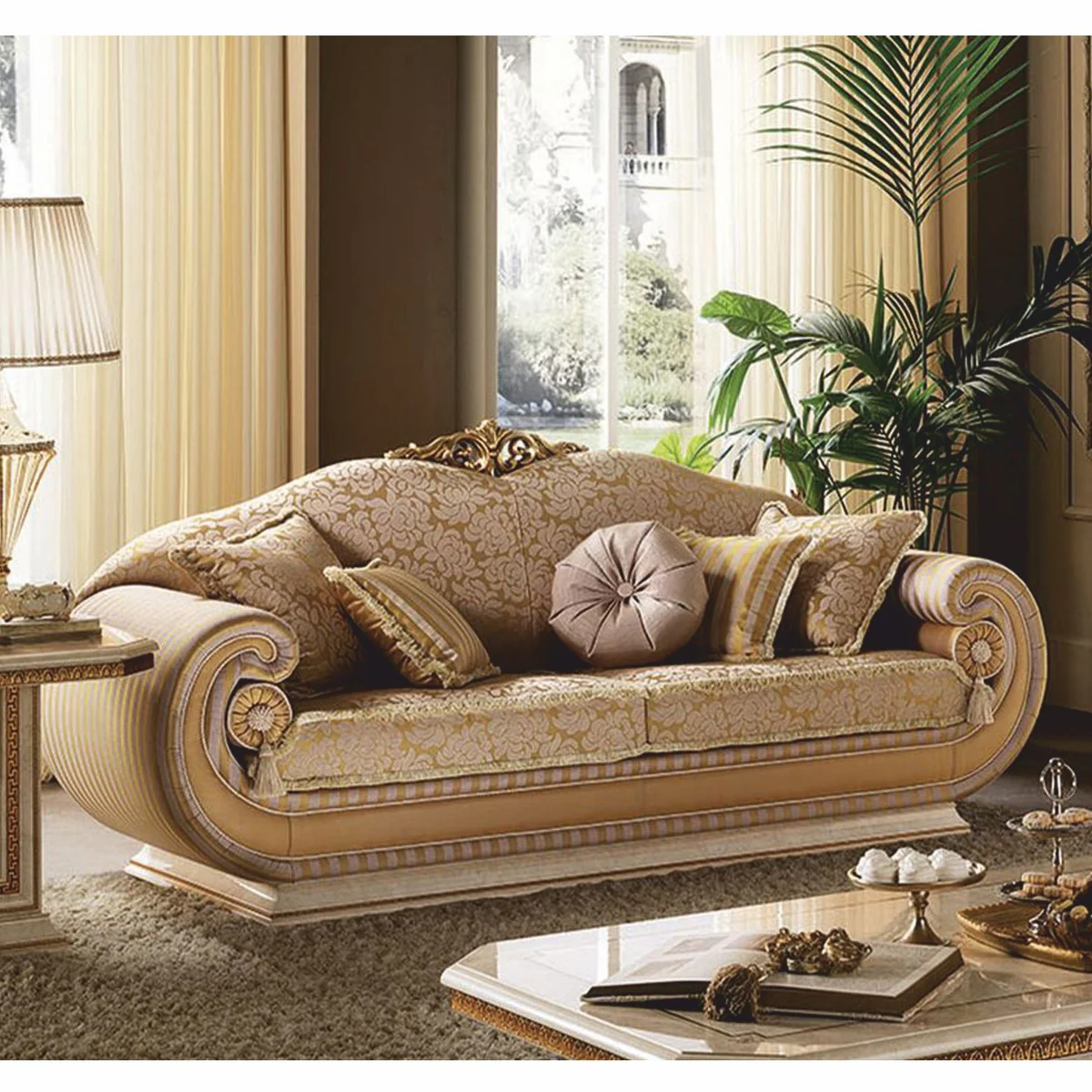 Luxus Barock Sofa Gold / Creme 228 cm - Barock Möbel - Made in Italy