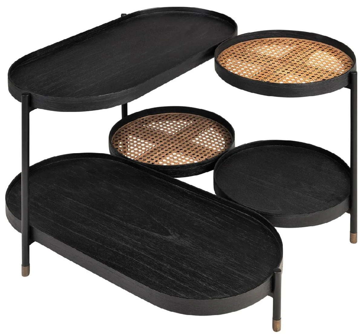 Luxury coffee table black / natural colors / brass 82.8 x 83.5 x H. 53 cm - Mindi wood & rattan living room table with steel frame - living room furniture - luxury furniture - luxury furnishings