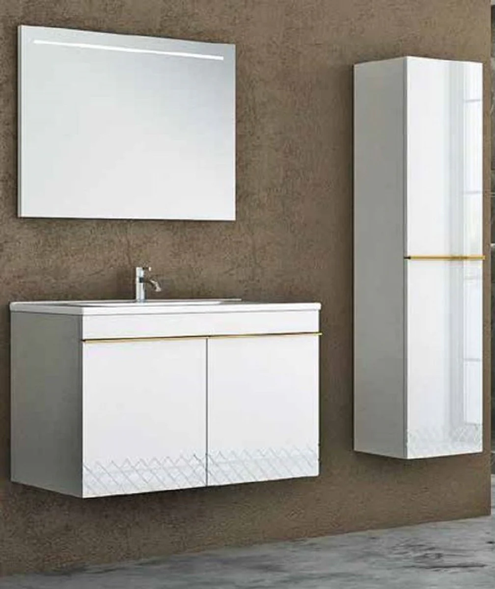 Luxury bathroom set white / gold - 1 vanity unit and 1 sink and 1 LED wall mirror and 1 wall cabinet - Luxury collection